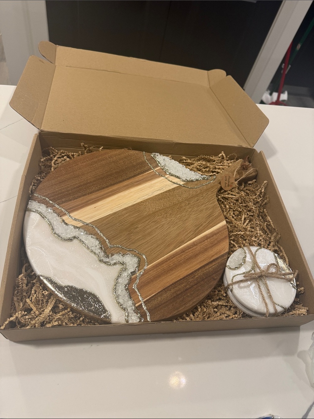 Wood and White Resin Round Serving Board with Coaster Set